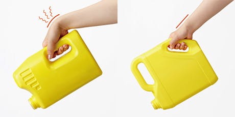 従来品の手首が曲がる、負担がかかる形状から手首が一直線になり楽に散布できる形状に