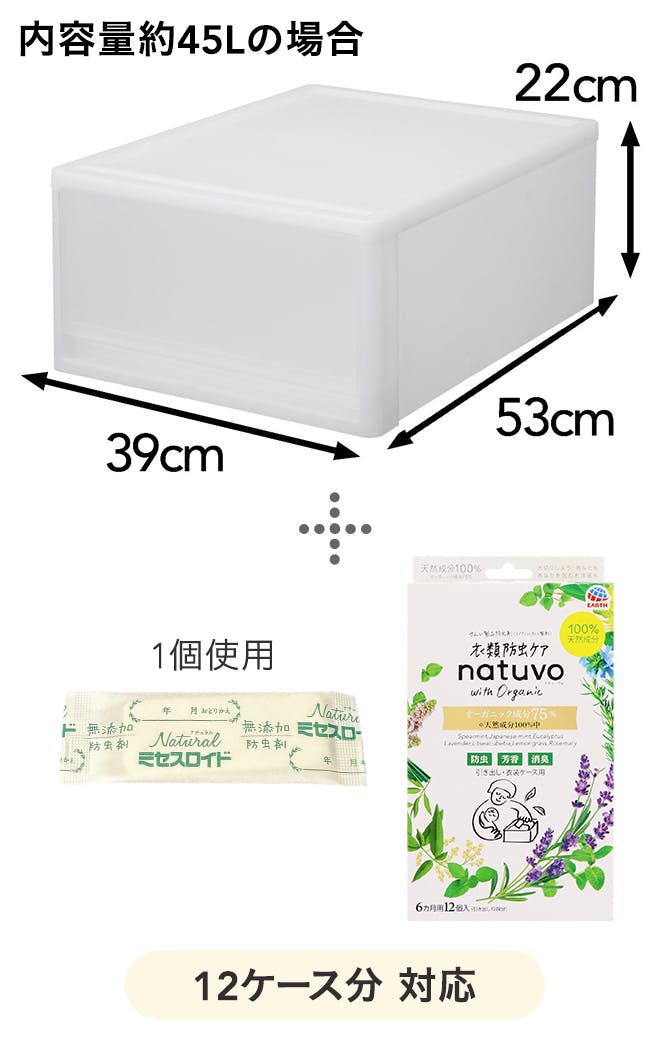 衣装ケース容量45Lの場合：アース製薬 衣類防虫ケア natuvo 引き出し・衣装ケース用1個使用 12ケース対応