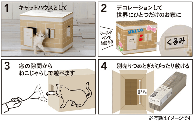 1.キャットハウスとして 2.デコレーションして世界にひとつだけのお家に 3.窓の隙間からねこじゃらしで遊べます 4.別売りのつめとぎがぴったり敷ける