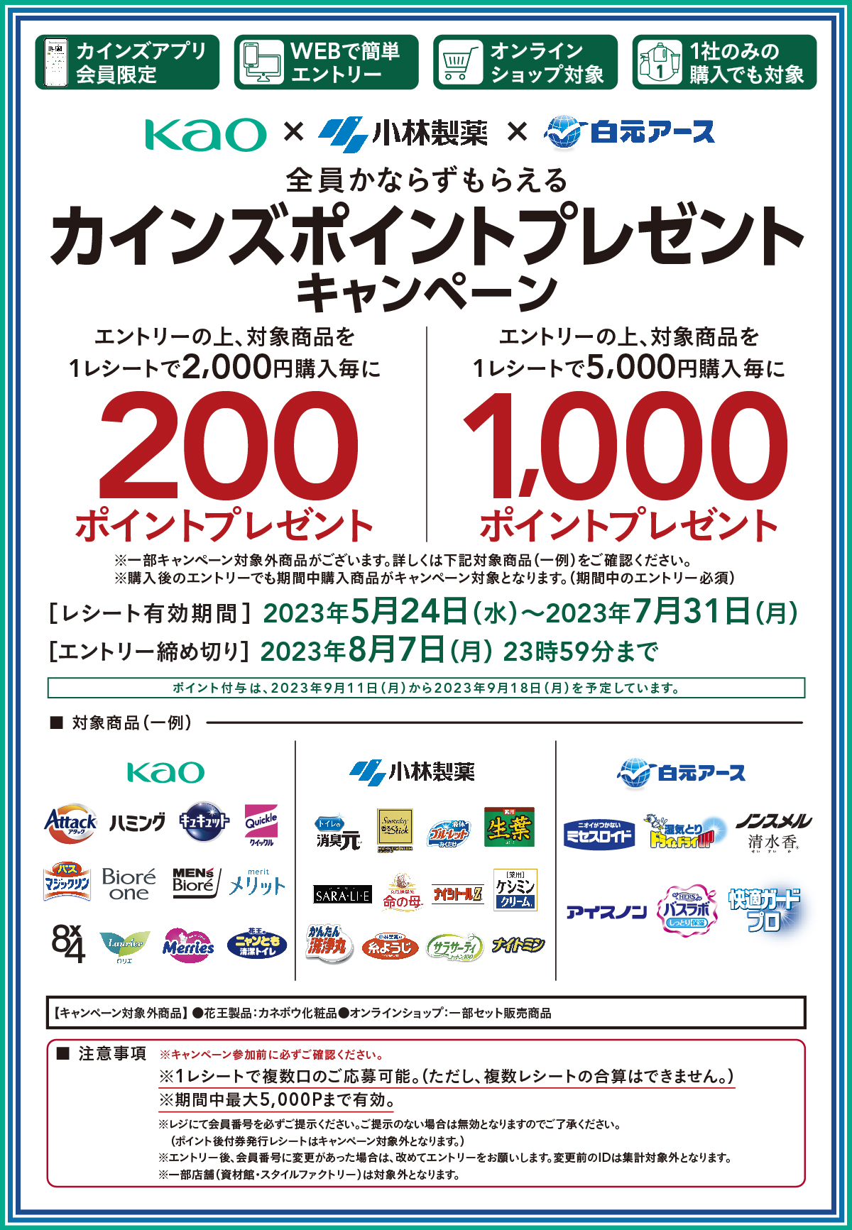 花王×小林製薬×白元アース 最大5,000ポイント貰えるCP｜ホームセンター