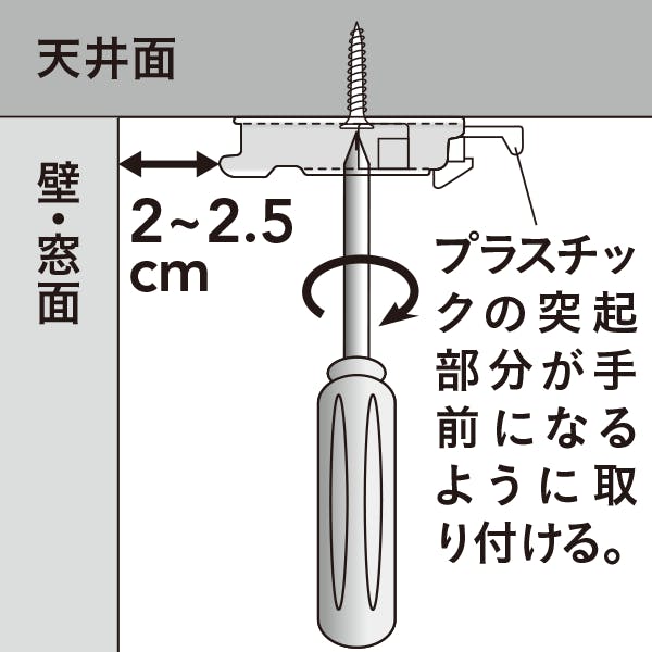 1. 天井面から2～2.5cmのスペースを確認して、取り付け位置に、ブラケットを付属の木ネジで固定してください。