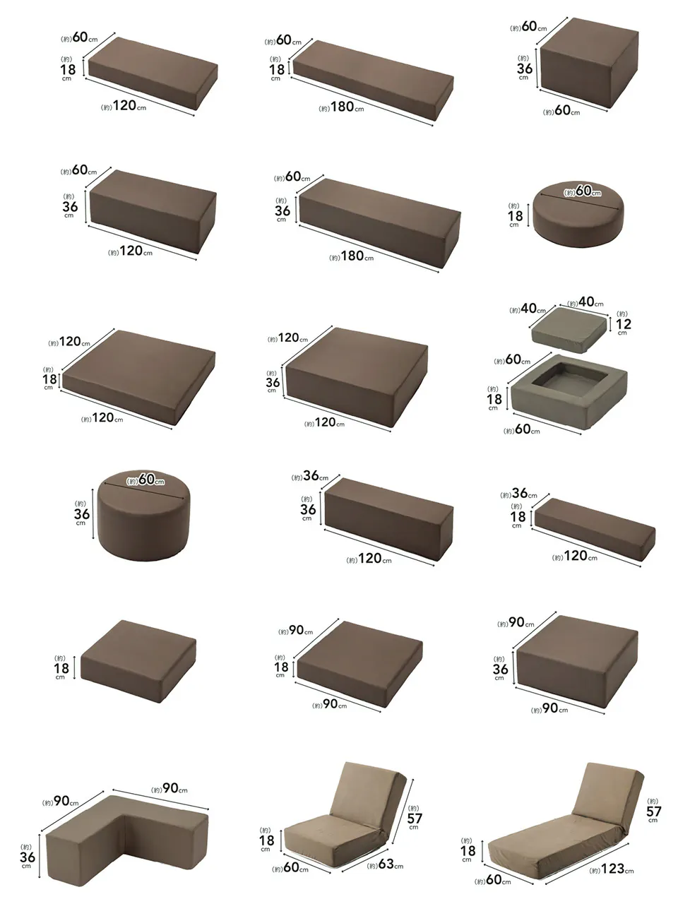 ブロックソファ 中材 幅120cm 奥行60cm 高さ18cm 重量約9kg【別送品 