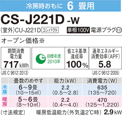 パナソニック エオリア Jシリーズ ナノイーX 搭載エアコン CS-J221D-W 