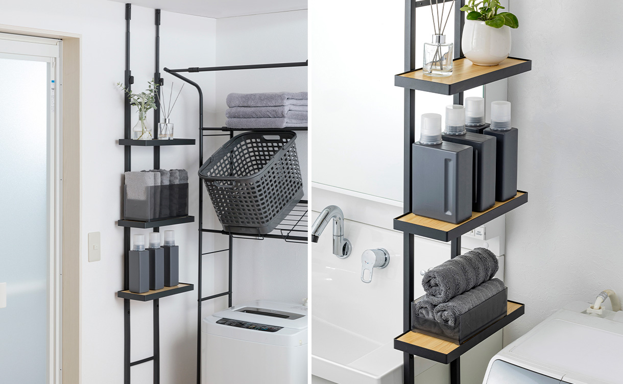 壁面＆すきま用 突っ張り収納ラック ブラック | バスケット